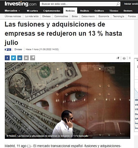 Las fusiones y adquisiciones de empresas se redujeron un 13 % hasta julio
